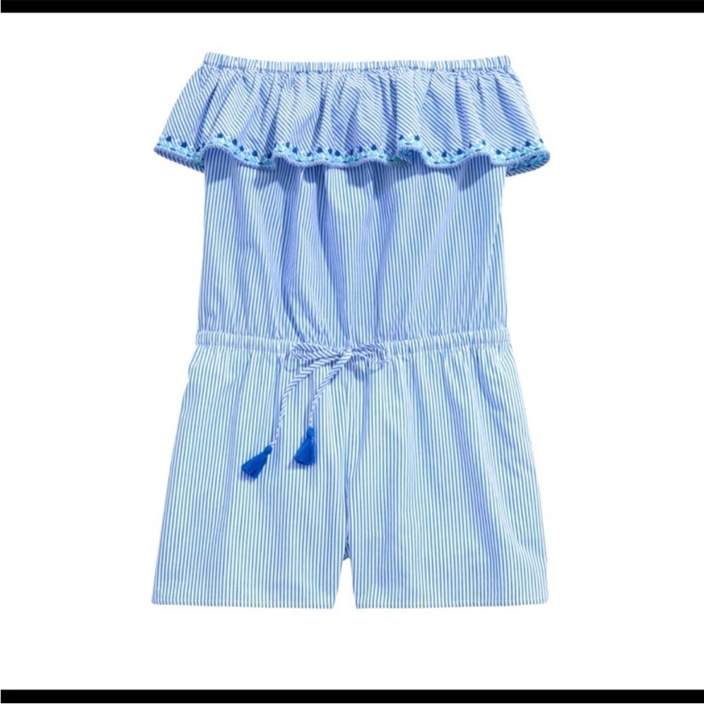 VINEYARD VINES Stripe Strapless Ruffle Romper Blue White Tassel Sz L NEW